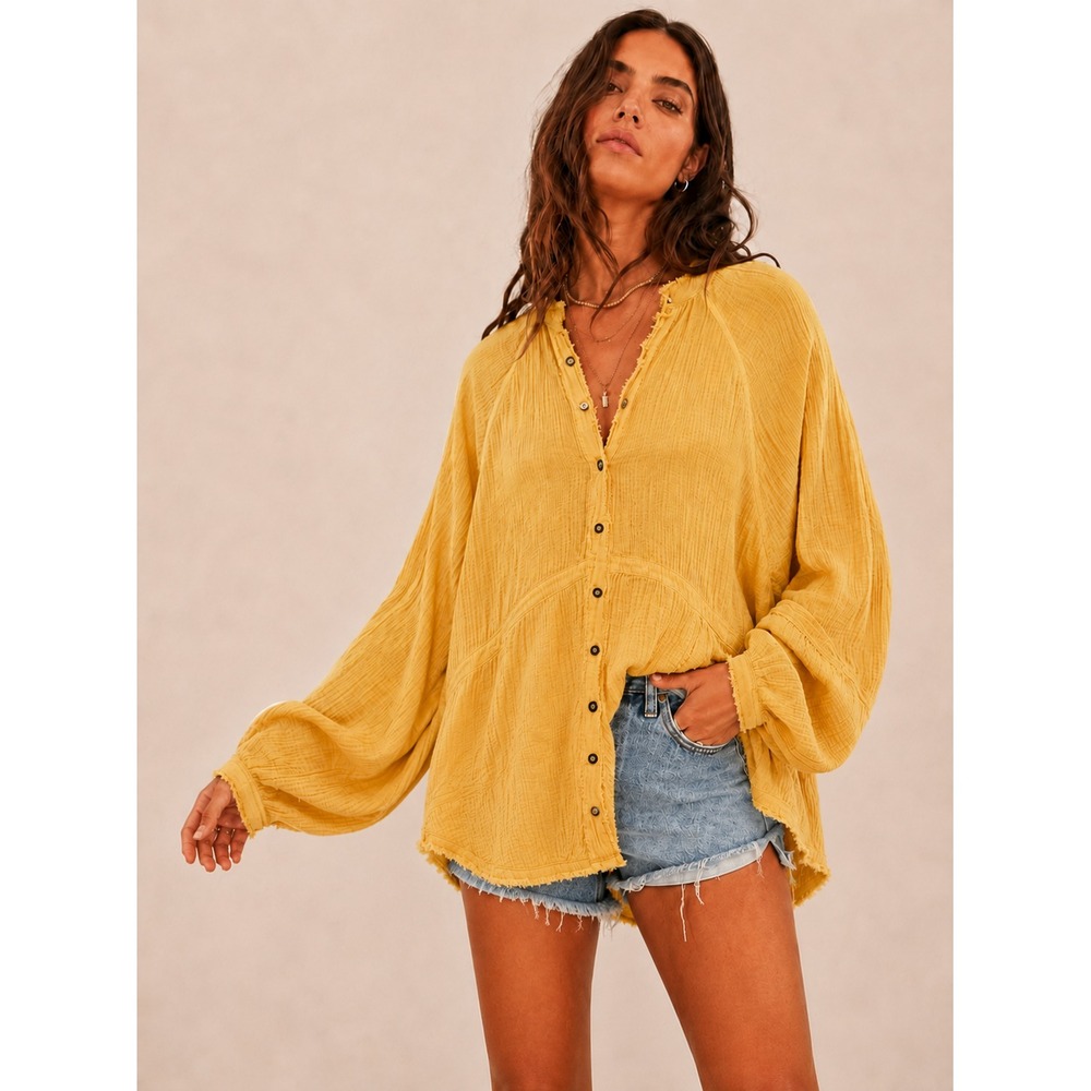 We The Free Summer Daydream Buttondown Sz XS Oversized Saffron Gauzy Raw Hem